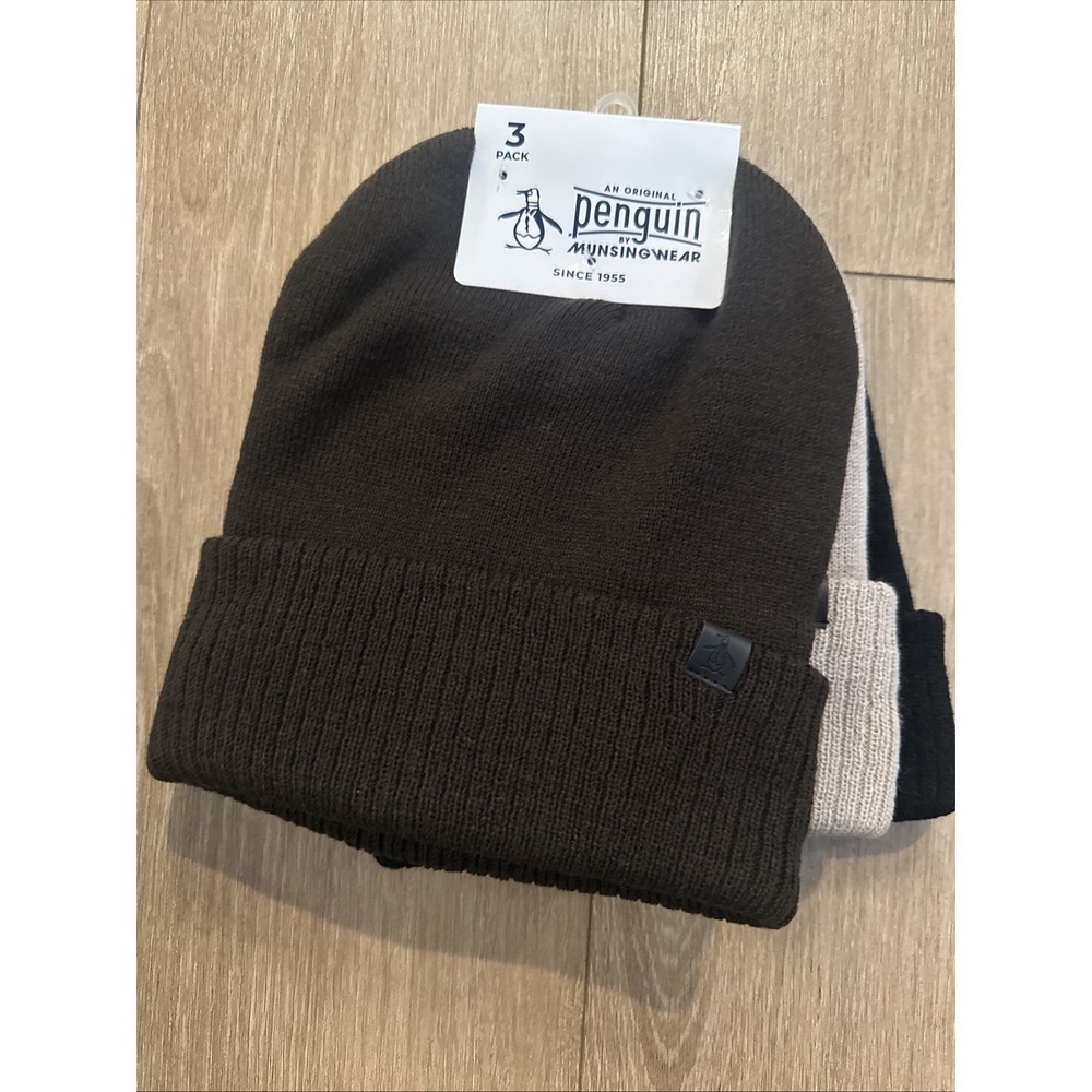 NWT Original‎ Penguin By Munsingwear Beanie 3-Pack Brown Tan Black Lightweight